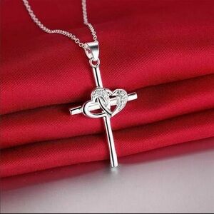Womens 925 Sterling Silver CZ Cubic Heart Cross Pendant Necklace 18”